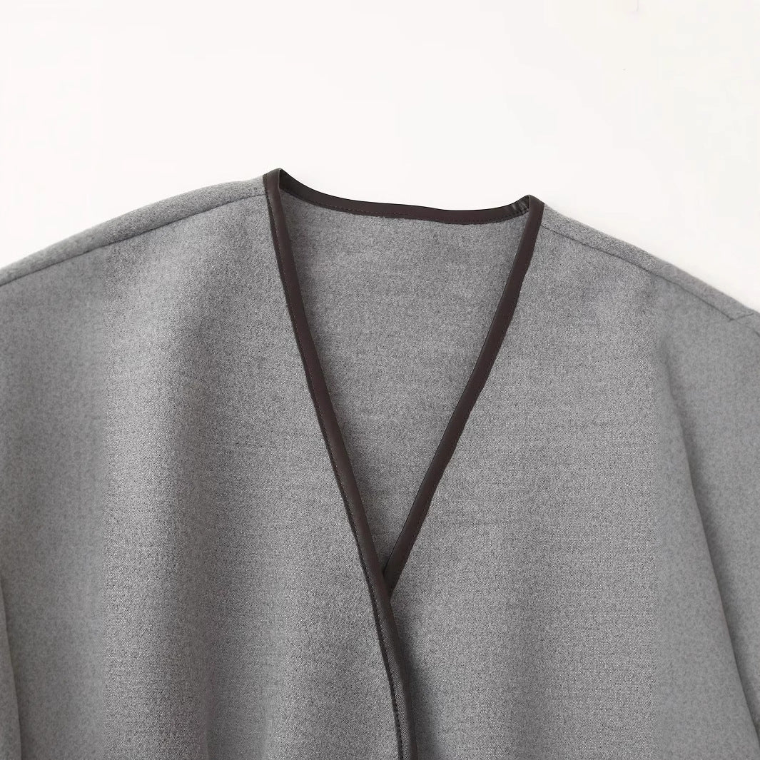 Damen nan Oversized Kimono-Wickelmantel mit Bindegürtel und Kontrastpaspel Drune