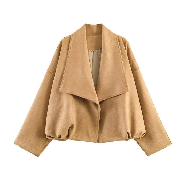 Damen Kurz geschnittene Oversize-Suedejacke mit weitem Wasserfallkragen Drune