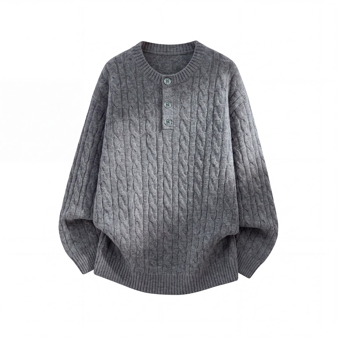Unisex Oversize Zopfmuster-Strickpullover mit Henley-Knopfleiste Drune