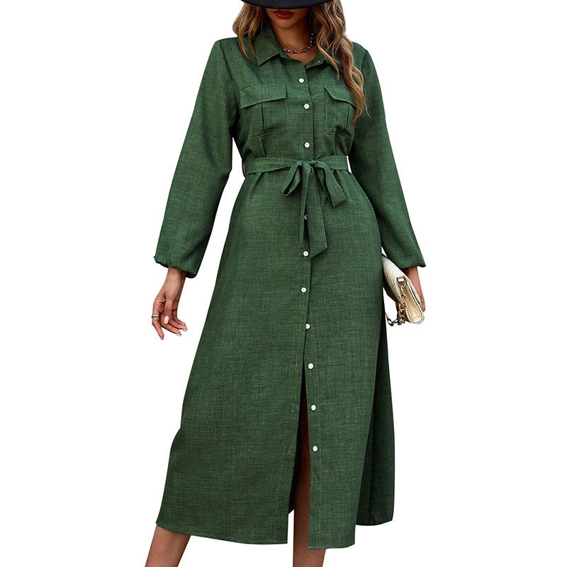 Damen Elegantes Hemdkleid mit Taillengürtel und Knopfdetails Drune