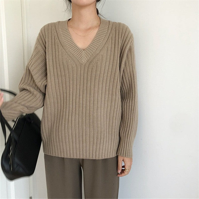 Damen Viskose-Strickpullover mit V-Ausschnitt und geripptem Design Drune