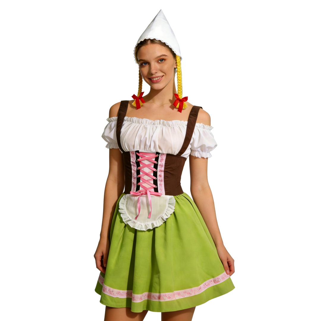 Damen nan traditionelles Dirndl-Kostüm mit Schnürung, Schürze und spitzem Kopftuch Drune