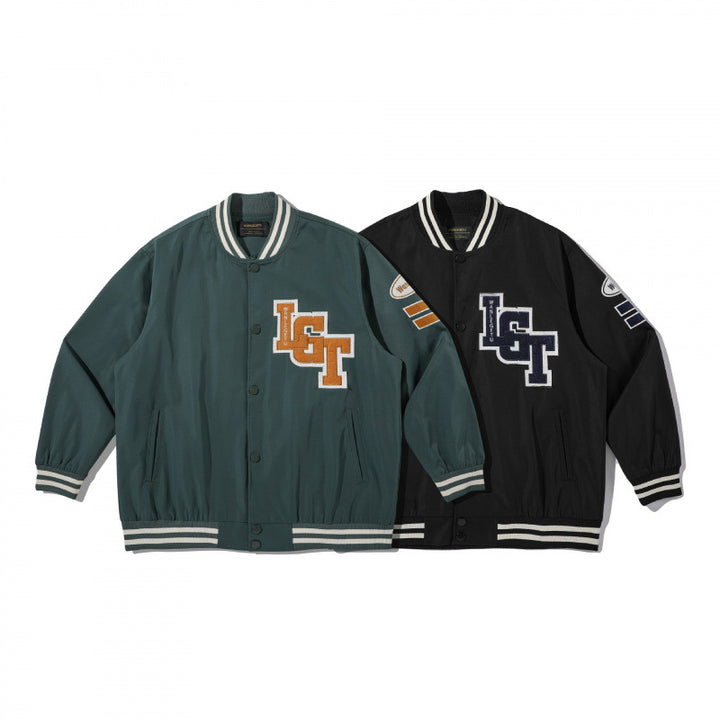 Unisex College-Bomberjacke mit gestepptem Patch, gestreiften Rippsäumen und Druckknopfleiste Drune