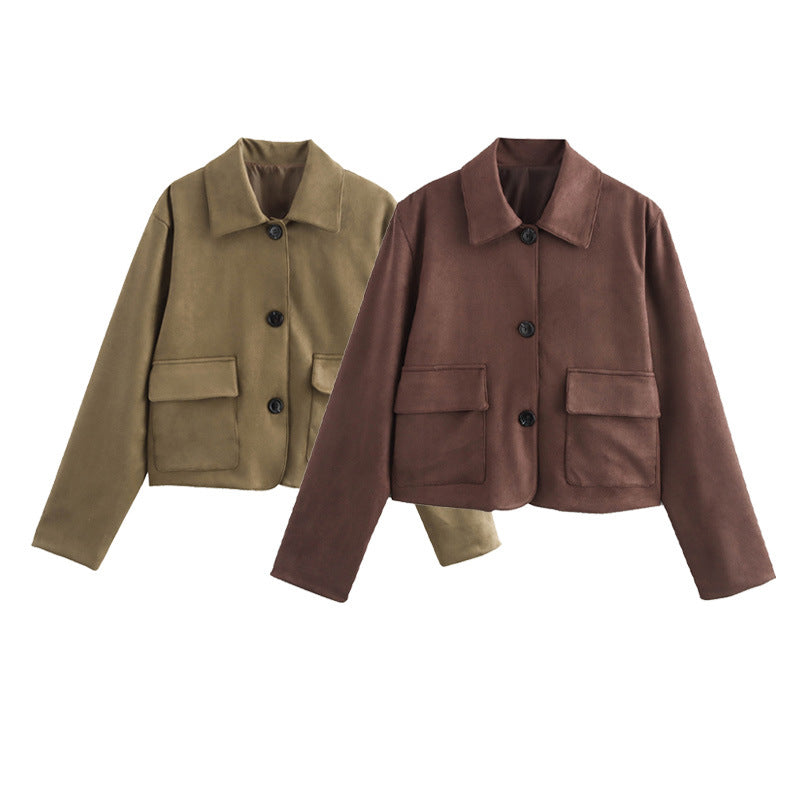 Damen modische Cropped-Jacke aus weichem Material mit praktischen Taschen Drune