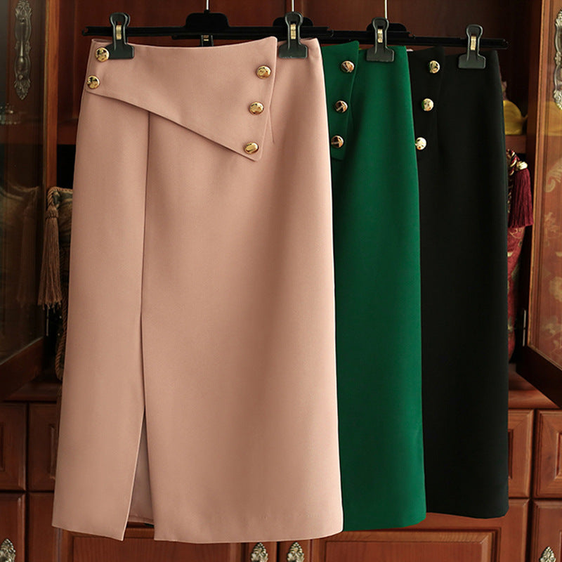Damen Eleganter Midirock mit asymmetrischem Schnitt und Goldknöpfen Drune