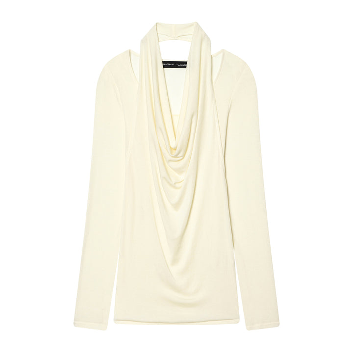 Damen nan drapiertes Langarmshirt mit tiefem Wasserfall-Cowl-Ausschnitt aus feinem Jersey Drune