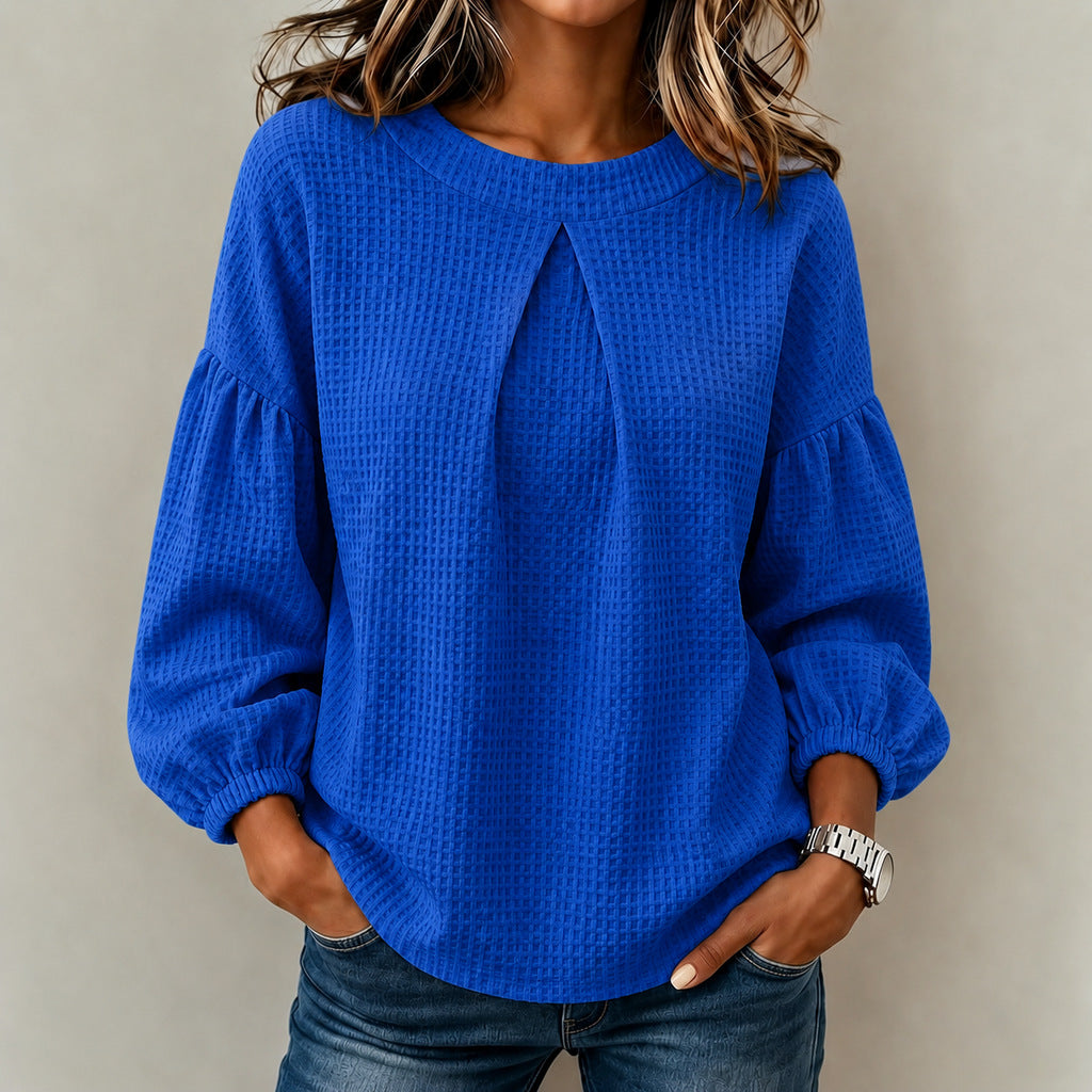 Damen Waffelstrick-Longsleeve mit Balloonärmeln und Vordernaht-Schlitz Drune