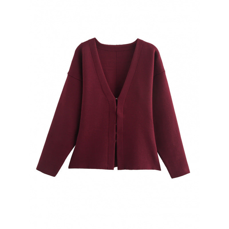 Damen Locker geschnittener Feinstrick-Cardigan mit tiefem V‑Ausschnitt und verdeckter Knopfleiste Drune