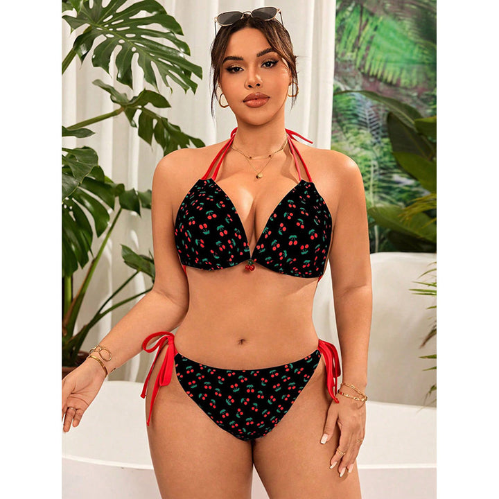 Damen Triangel-Bikini mit verstellbaren Bindebändern und fröhlichem Kirschmuster Drune