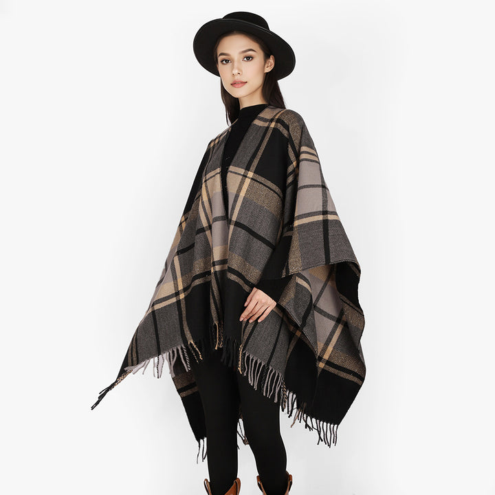 Damen Karierter Cape-Überwurf im Oversize-Stil aus Wollmix mit Fransensaum Drune