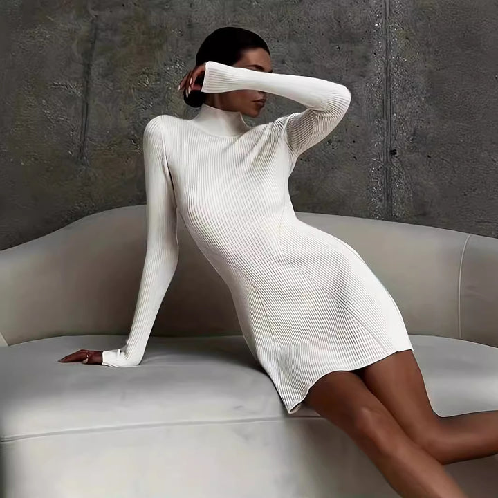 Damen Geripptes Tailliertes Rollkragen‑Midikleid mit figurformenden Nähten Drune