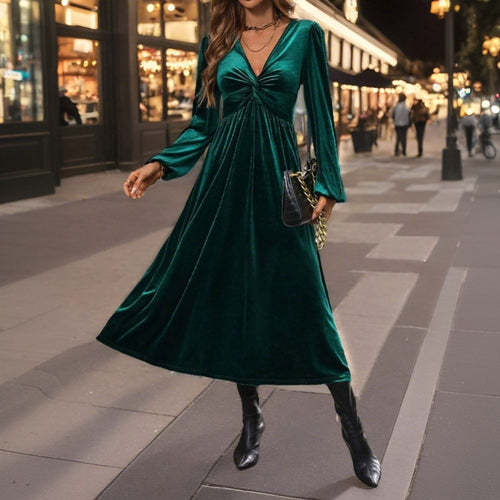 Damen Midikleid aus Samt mit gedrehtem Bustier und schwingendem Tellerrock Drune