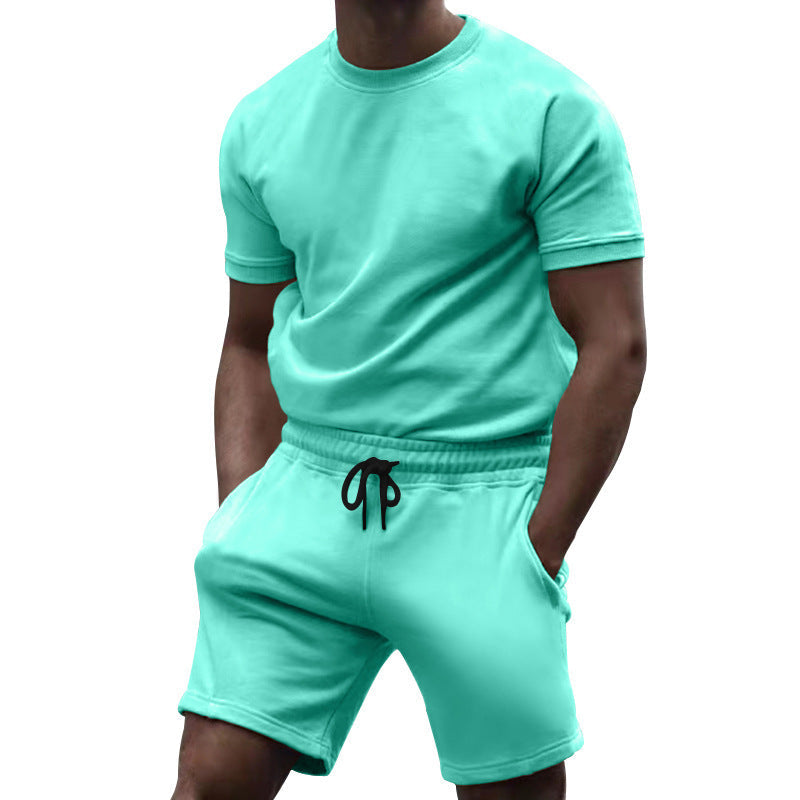 Herren nan kurzärmeliges Sweat-Set aus weichem Sweatstoff mit Rundhalsshirt und Kordelzug-Shorts Drune