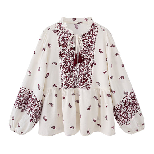 Damen nan boho Paisley Tunika-Bluse mit Quastenbindegürtel und voluminösen Ballonärmeln Drune