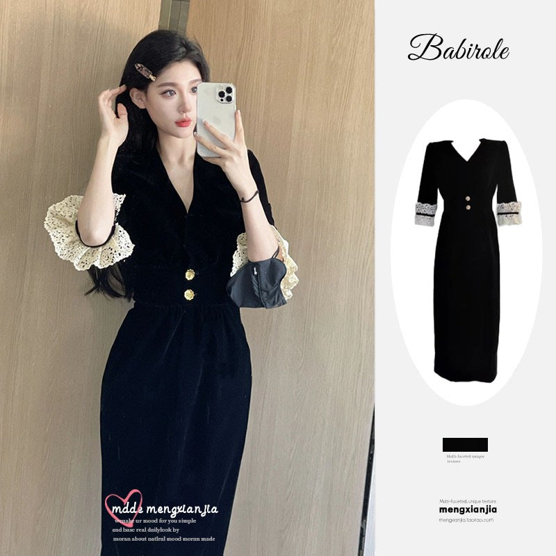 Damen elegantes Kleid mit Spitzenärmeln und dekorativen Knöpfen Drune