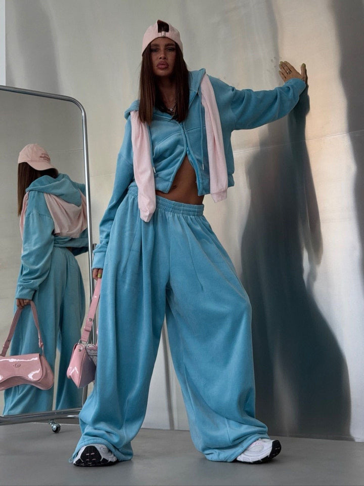 Damen Velours-Set Oversize mit Cropped-Zip-Hoodie und weiter Bundfaltenhose Drune