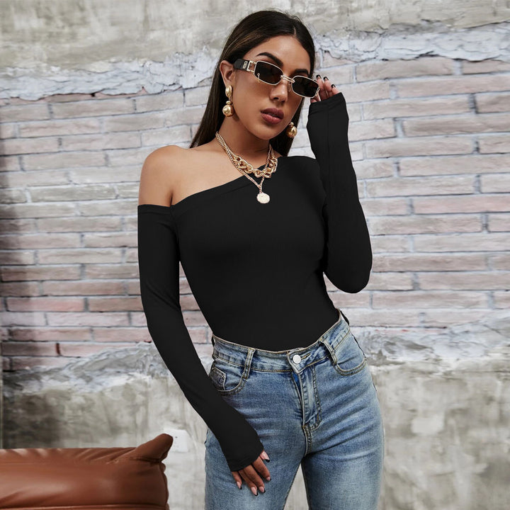 Damen asymmetrisches One-Shoulder Longsleeve-Top mit schlanker Sculpting-Passform und feiner Rippstruktur Drune