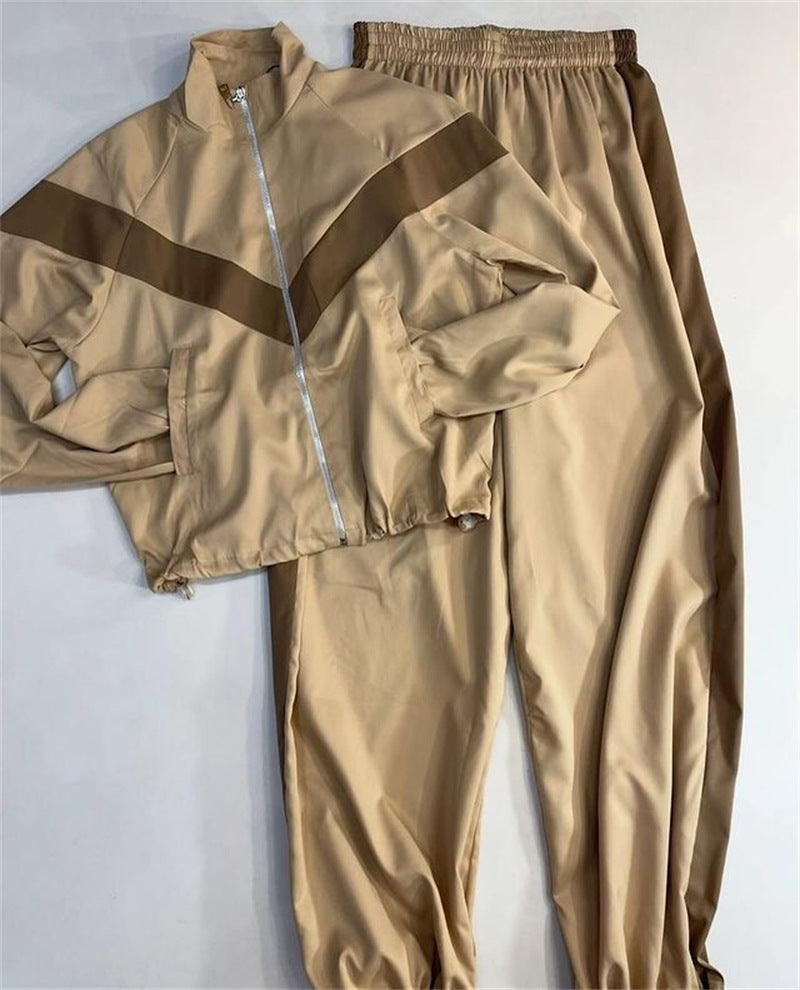 Damen nan Satin-Trackset mit Stehkragen, Chevron-Streifen und Kordelzug Drune
