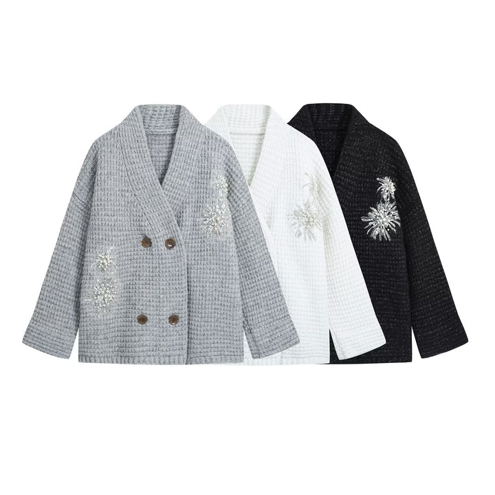 Damen Waffel-Strick-Cardigan mit doppelreihiger Knopfleiste und Schmuckapplikation Drune