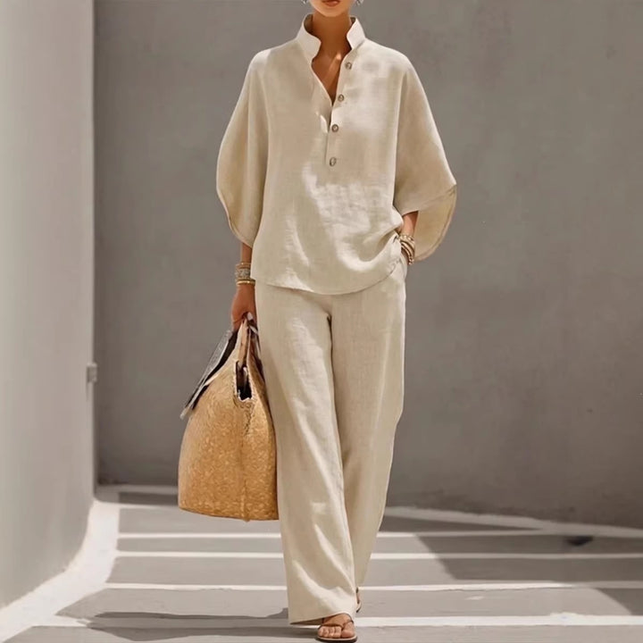 Damen Lockeres Leinenoptik-Zweiteiler mit Stehkragenbluse und weitem Palazzo-Hose Drune