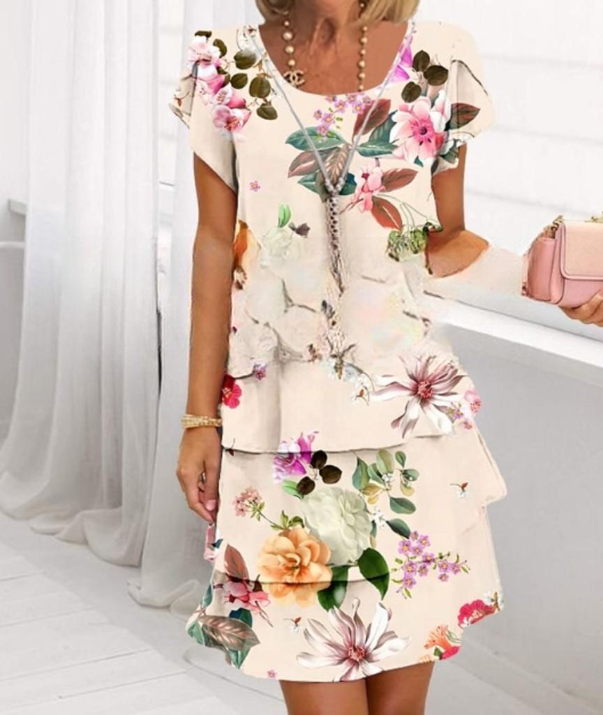 Damen Fließendes Maxi-Kleid mit eleganten Volant-Details und kreativem Grafikmuster Drune