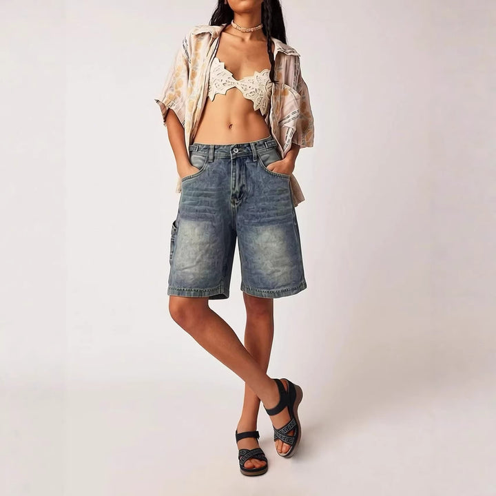 Damen lässige Denim-Shorts mit hohem Bund und weitem Schnitt Drune