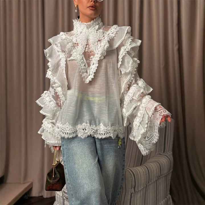 Damen Transparente Spitzenbluse mit Volant-Ärmeln und hohem Stehkragen Drune