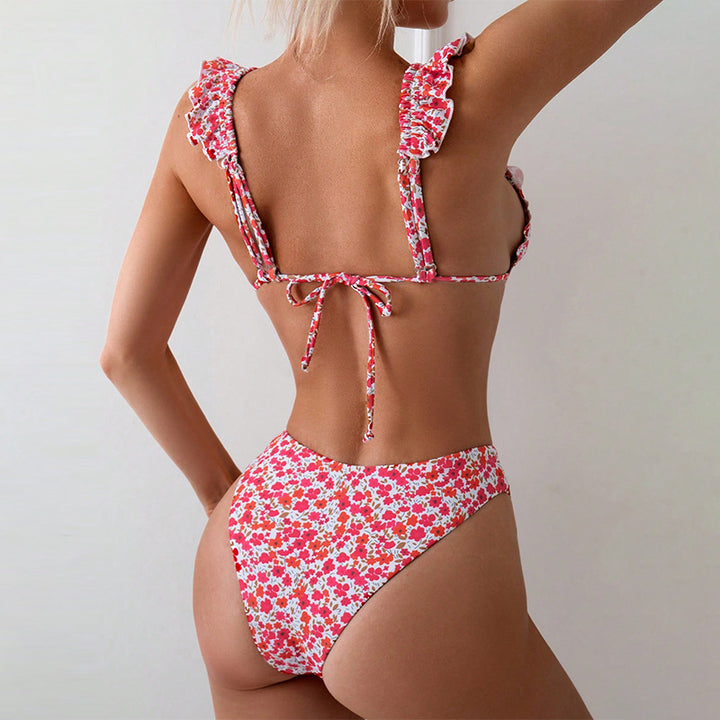 Damen Triangel-Bikini mit fröhlichem Blumenmuster und eleganten Rüschendetails Drune