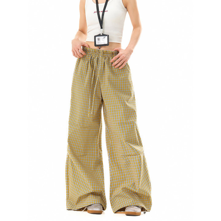 Damen Weite Baumwollhose mit elastischem Bund, Karomuster und verstellbarer Saumkordel Drune