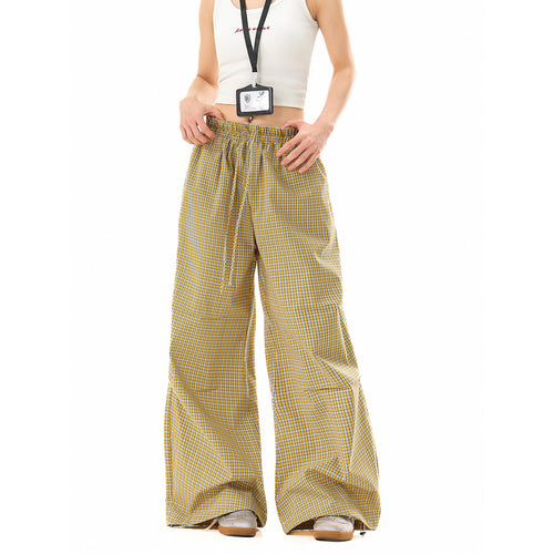 Damen Weite Baumwollhose mit elastischem Bund, Karomuster und verstellbarer Saumkordel Drune