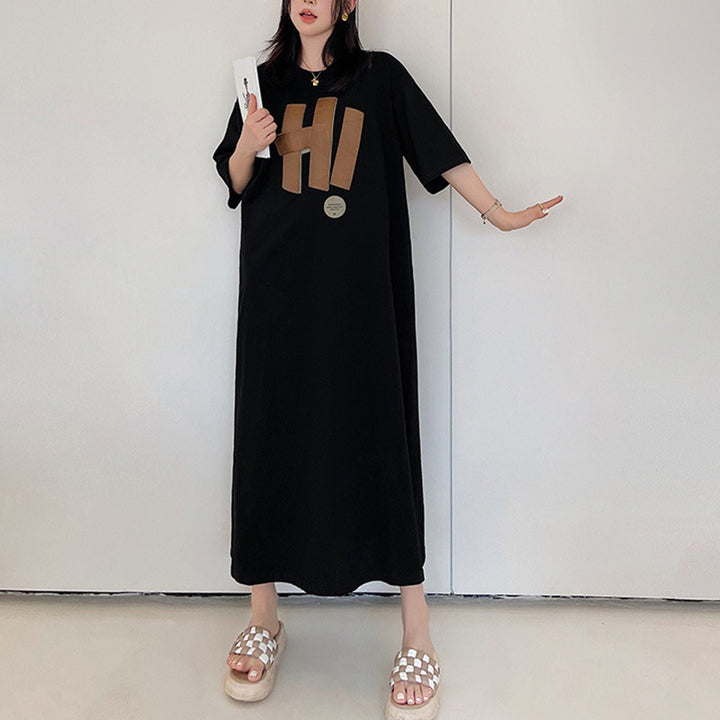Damen Langarmkleid mit kreativem Grafikdruck und lockerem Schnitt