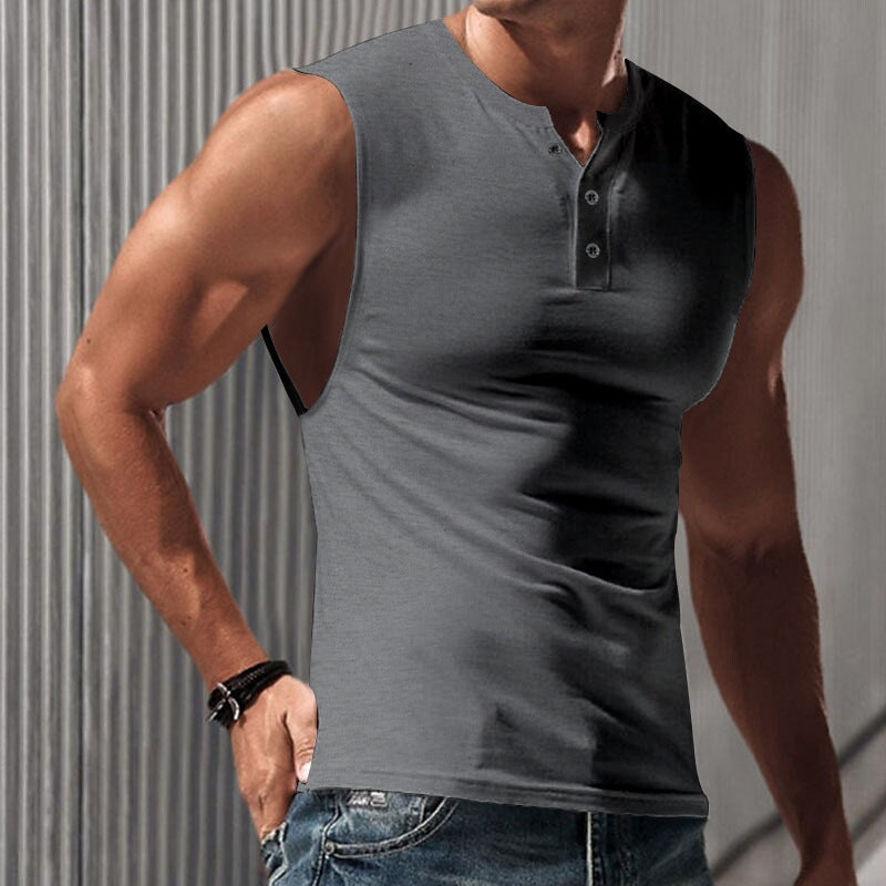 Herren nan ärmelloses Muskelshirt mit Henley-Knopfleiste, tiefem Armausschnitt und elastischem Baumwollmix Drune