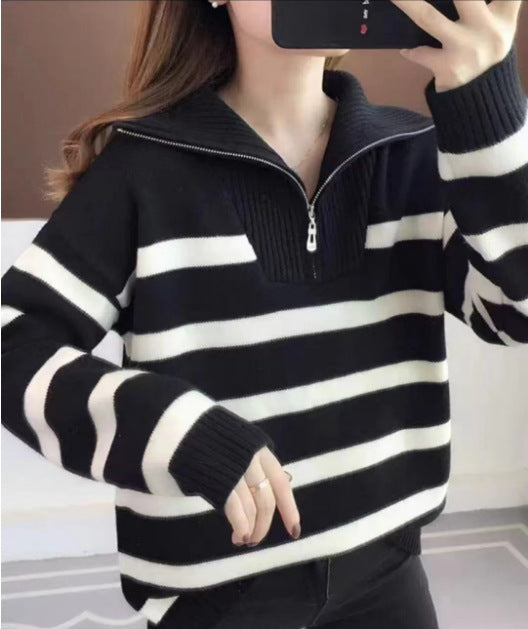 Damen lässiger Pullover mit hohen Kragen und dekorativem Reißverschluss Drune