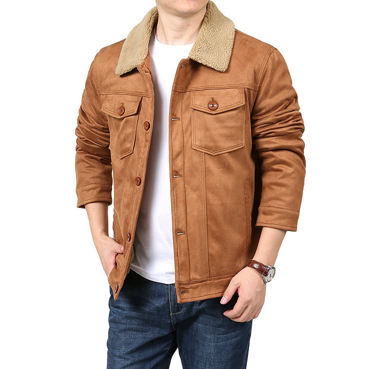 Herren Velourslederoptik Hemdjacke im Trucker‑Stil mit Teddykragen & Pattentaschen Drune