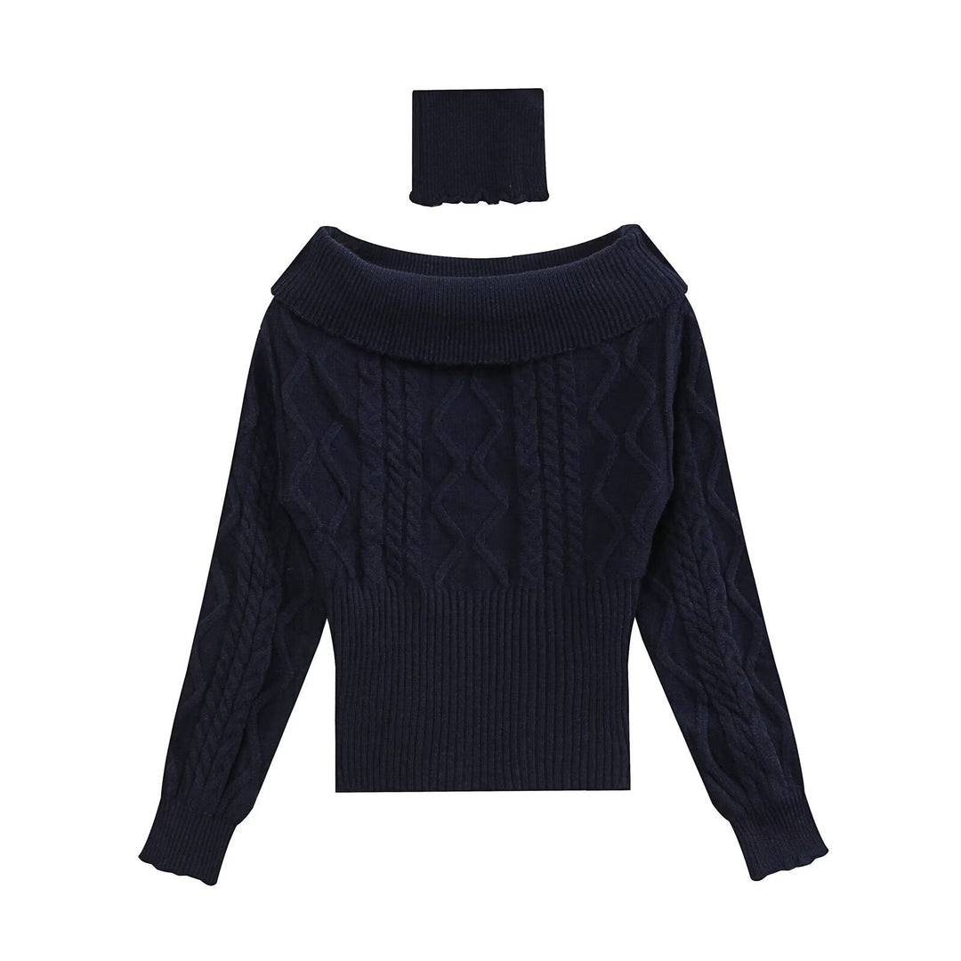 Damen Schulterfreier Zopfmuster-Pullover mit weitem Umschlagkragen Drune