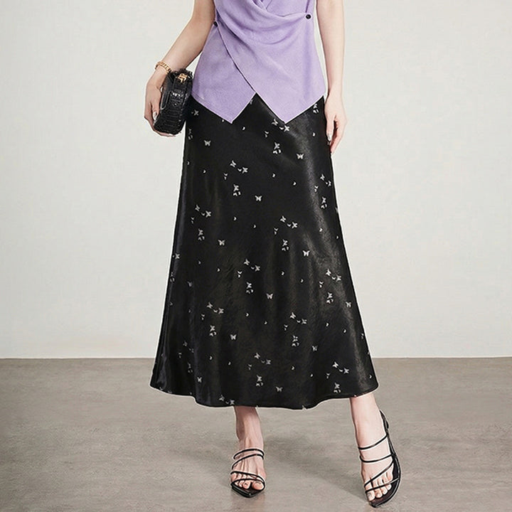 Damen nan A-Linien Midirock aus Jacquard-Satin mit floralen und Schmetterlingsreliefs Drune