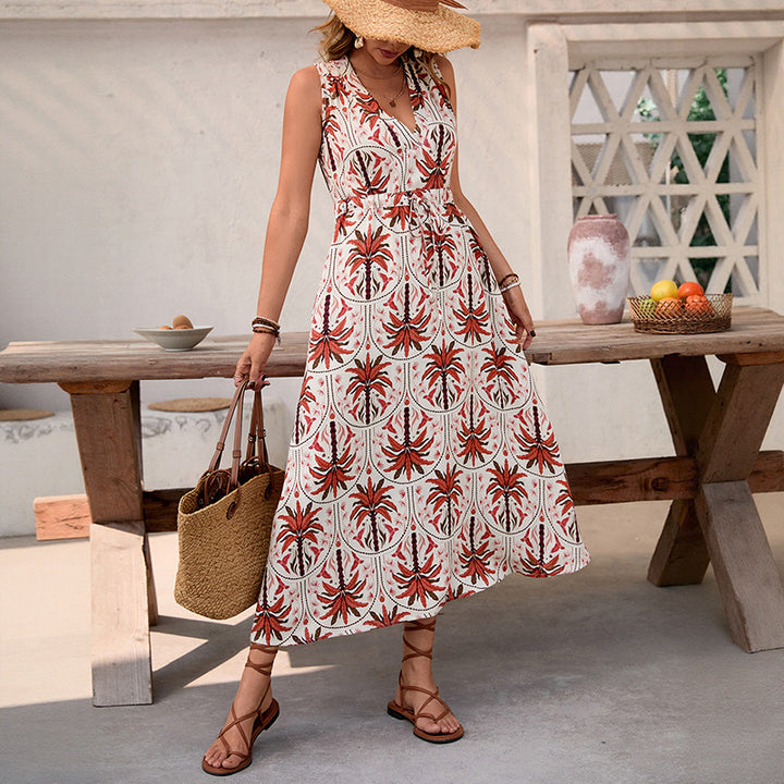 Damen Maxikleid mit tropischem Musterdruck und taillierbarem Gürtel Drune