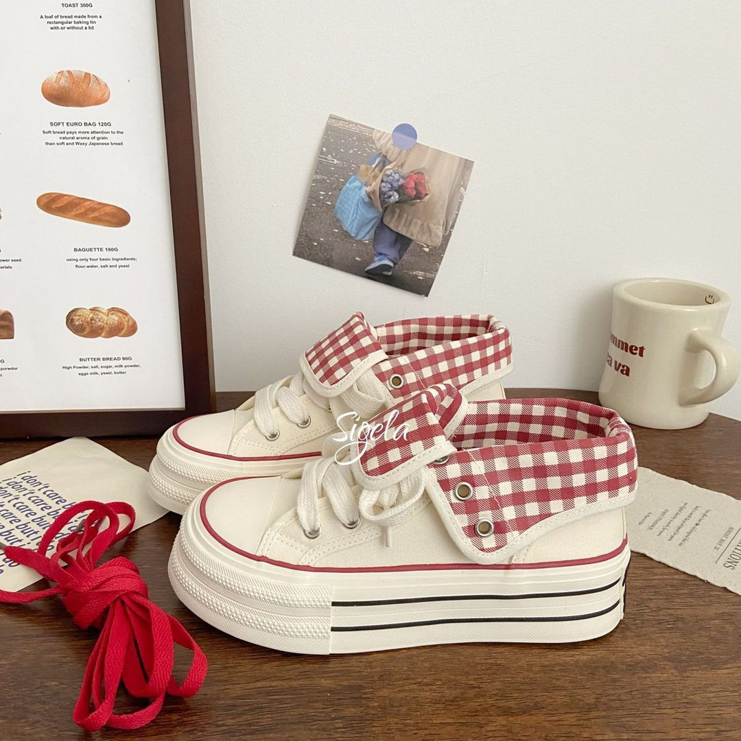 Damen Plateau-Sneaker mit verstellbarem Knöchelriemen und kariertem Innenfutter Drune