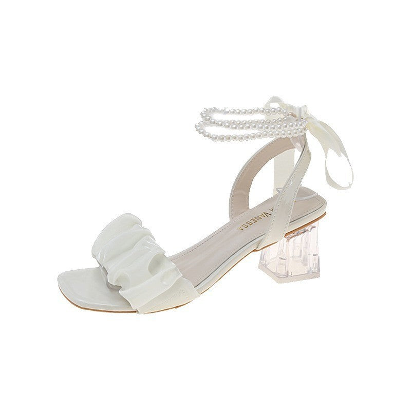 Damen Offene Riemchensandalen mit Perlenbesatz, Rüschenfront und transparentem Blockabsatz Drune