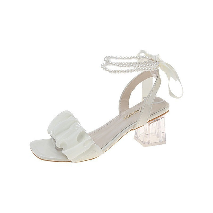 Damen Offene Riemchensandalen mit Perlenbesatz, Rüschenfront und transparentem Blockabsatz Drune