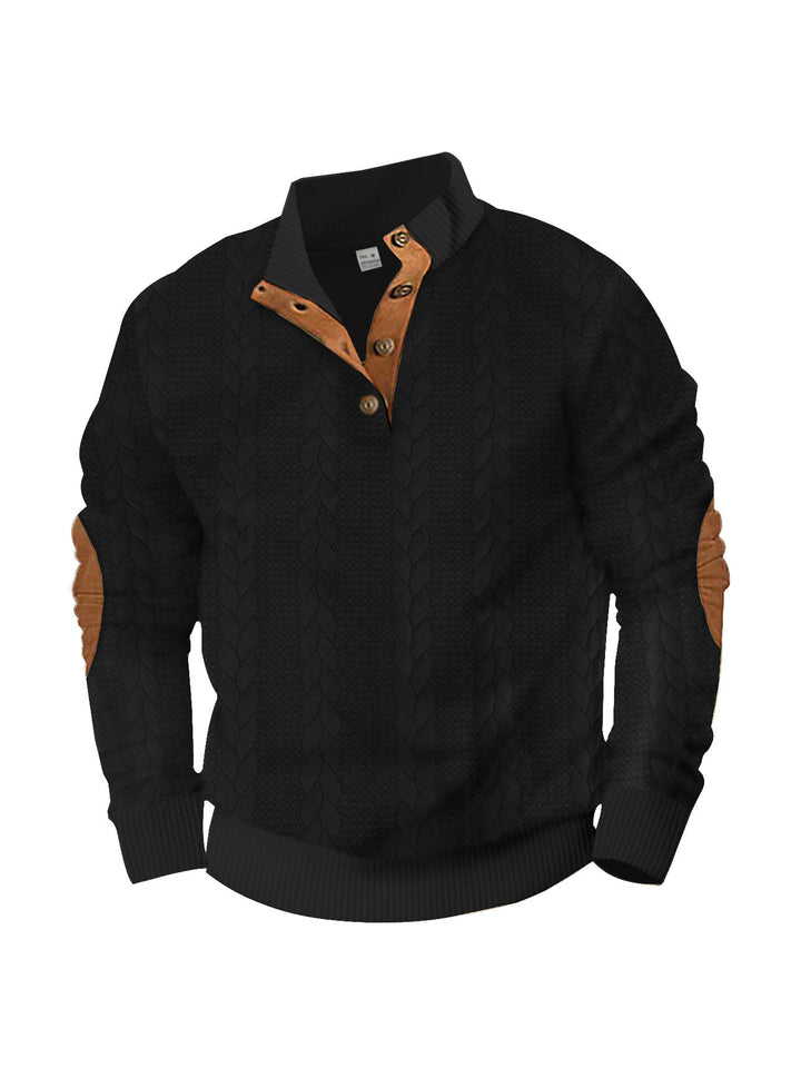 Herren nan lässiger Zopfstrickpullover mit verstärkter Knopfleiste und Wildleder-Ellenbogenpatches Drune