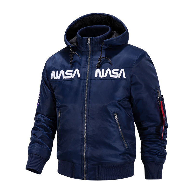 Herren  Kapuzen glänzende Mikroschalen Astronaut-inspirierte Bomberjacke mit gesteppter thermischer Fütterung und Ärmeltasche Drune