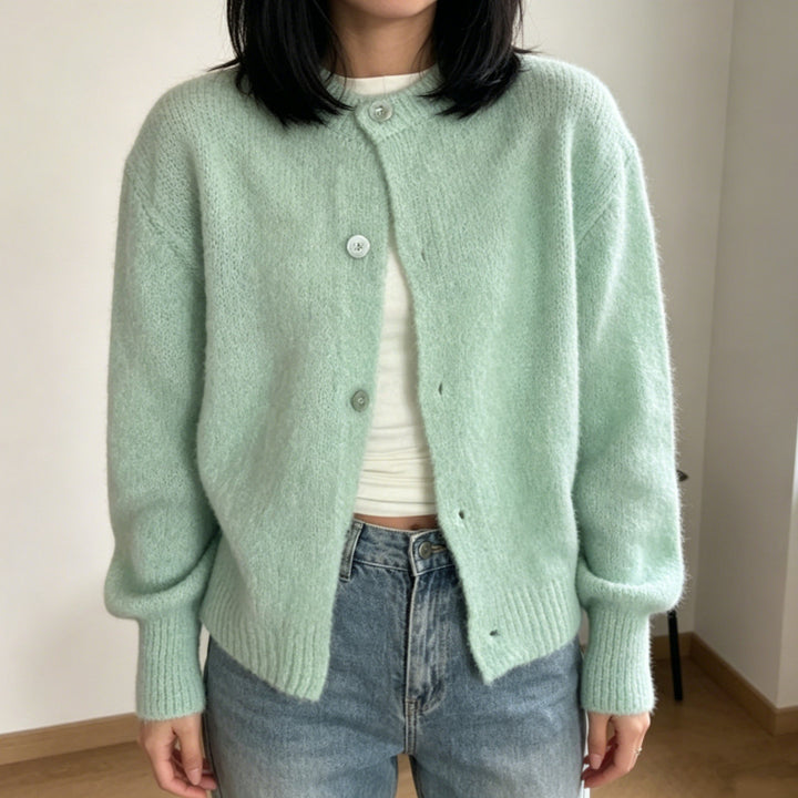 Damen Kuschelige Mohair-Optik Strickjacke mit Rundhals und Ballonärmeln Drune