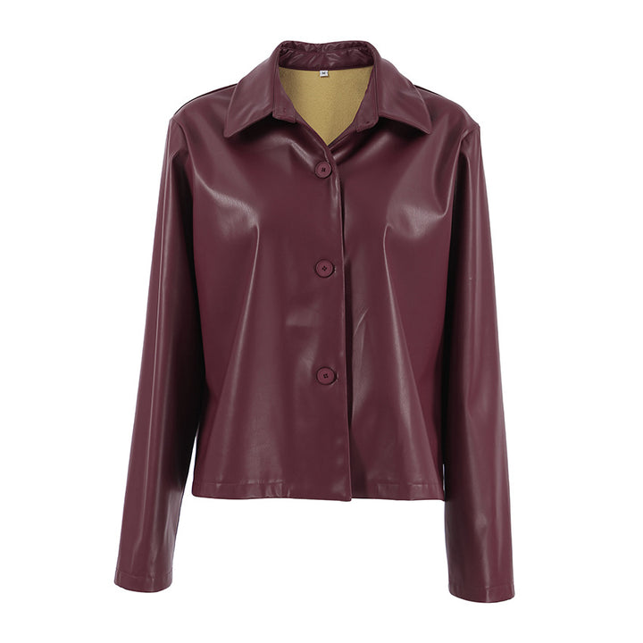 Damen Modische Kunstlederjacke mit klassischen Knopfdetails Drune