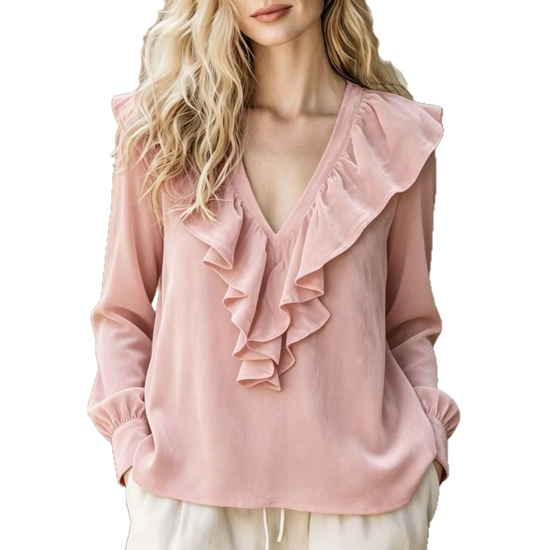 Damen Rüschige V-Ausschnitt-Bluse aus Chiffon mit Volantkragen und elastischen Manschetten Drune
