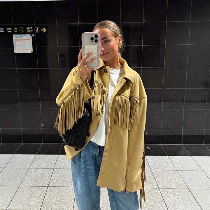Damen Oversize Fransenjacke im Westernstil aus Veloursleder-Optik mit Hemdkragen Drune
