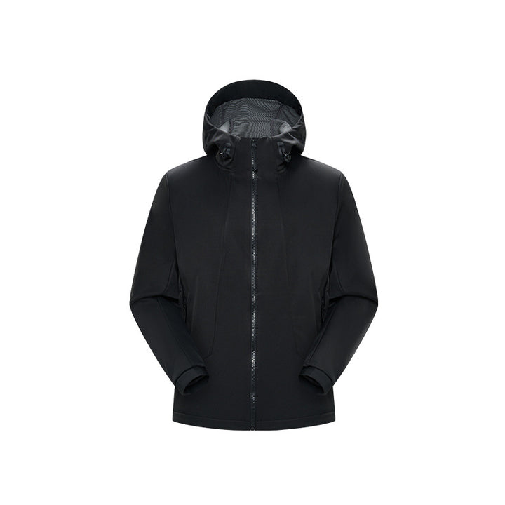 Herren Minimalistische Softshell‑Regenjacke mit verdecktem Reißverschluss, integrierter Kapuze und atmungsaktivem Meshfutter Drune