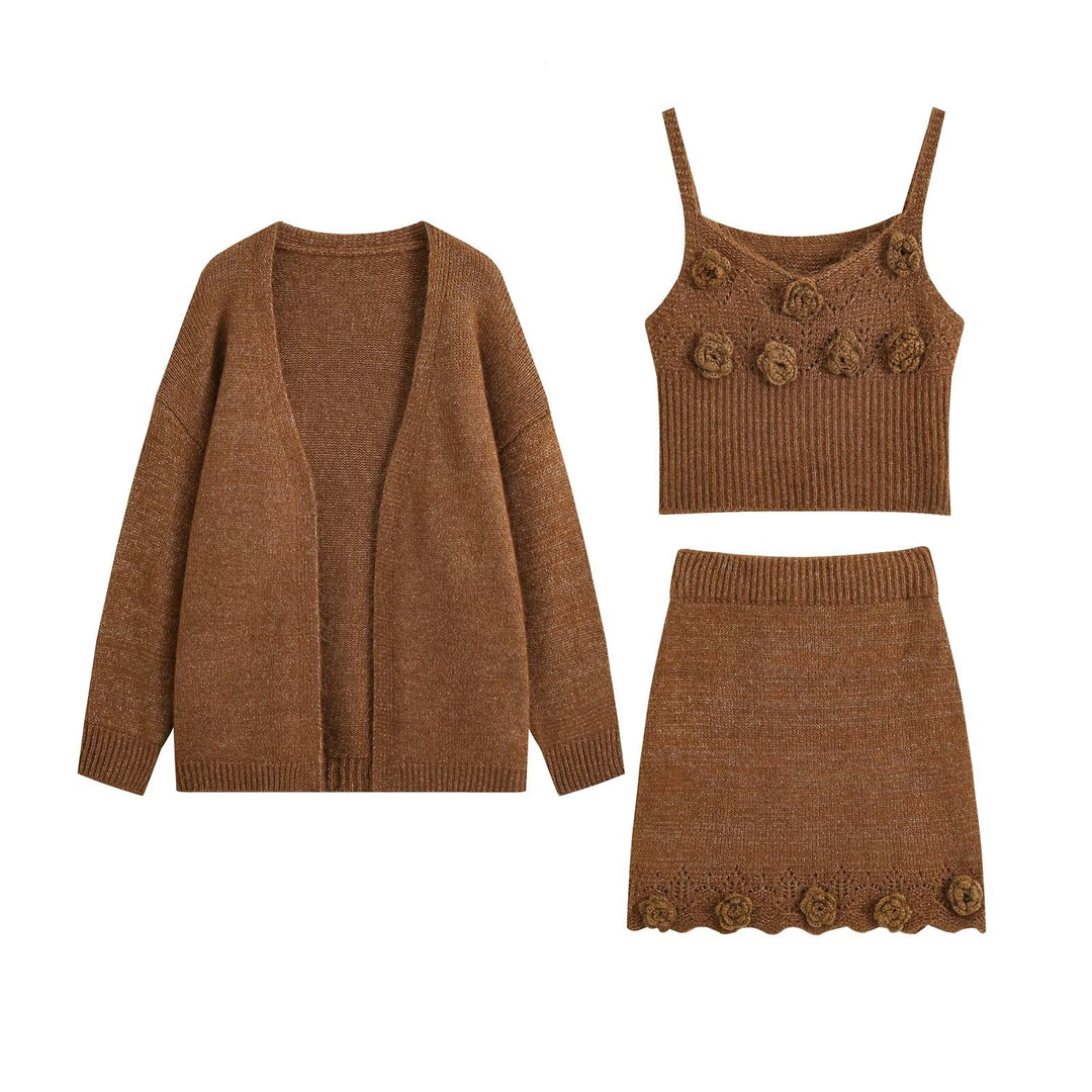 Damen Dreiteiliges Strickset mit offener Cardigan, Spaghettitop mit dreidimensionalen Blüten und tailliertem Rock Drune