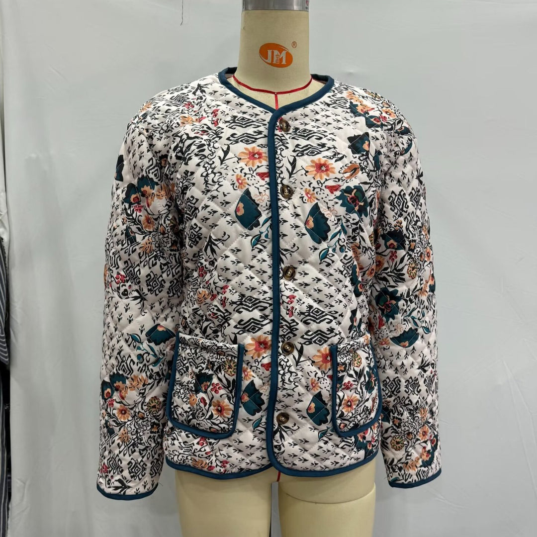 Damen nan gesteppte Blusenjacke mit floral-ethnischem Print, leichter Wattierung und kontrastierender Paspel Drune