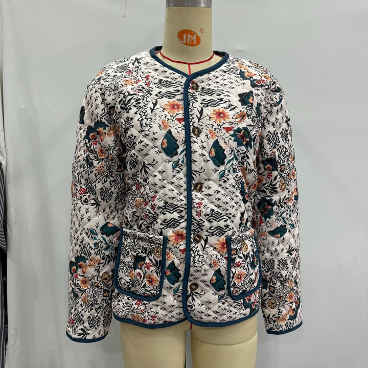 Damen nan gesteppte Blusenjacke mit floral-ethnischem Print, leichter Wattierung und kontrastierender Paspel Drune